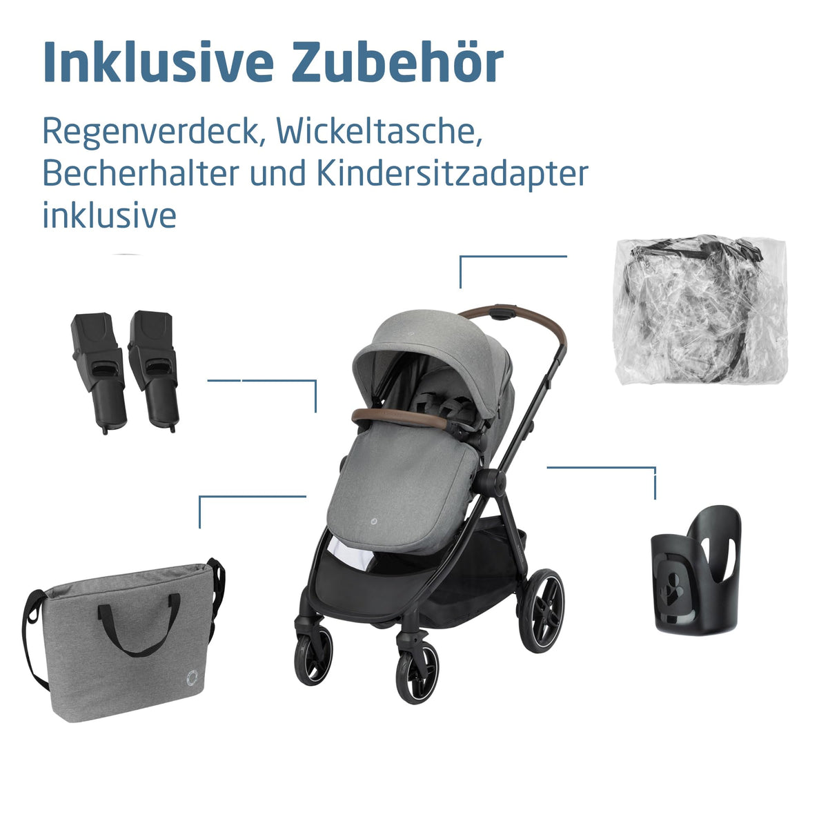 3-in-1 Kinderwagen Zelia Select mit Babyschale CabrioFix S i-Size, 0–22 kg, inkl. Wickeltasche und Regenverdeck, Grau