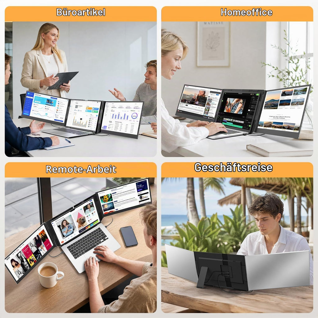 Tragbarer Laptop-Bildschirm 15,6"""" FHD 1080p Dreifach-Monitor für 13–17,3"""" Laptops, USB-C/HDMI Plug & Play mit Tasche