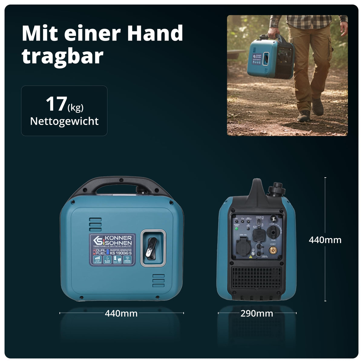 Inverter Stromerzeuger 2000 W mit Benzin- und LPG-Betrieb, 230 V, reine Sinuswelle, 17 kg