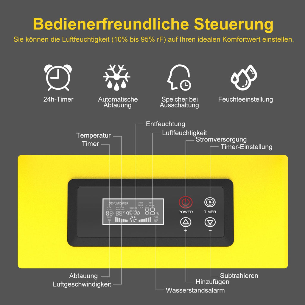 Bautrockner Luftentfeuchter 30 L pro Tag 7 L Wassertank Keller Baustelle bis 90 m² LED-Display Timer Abtauautomatik