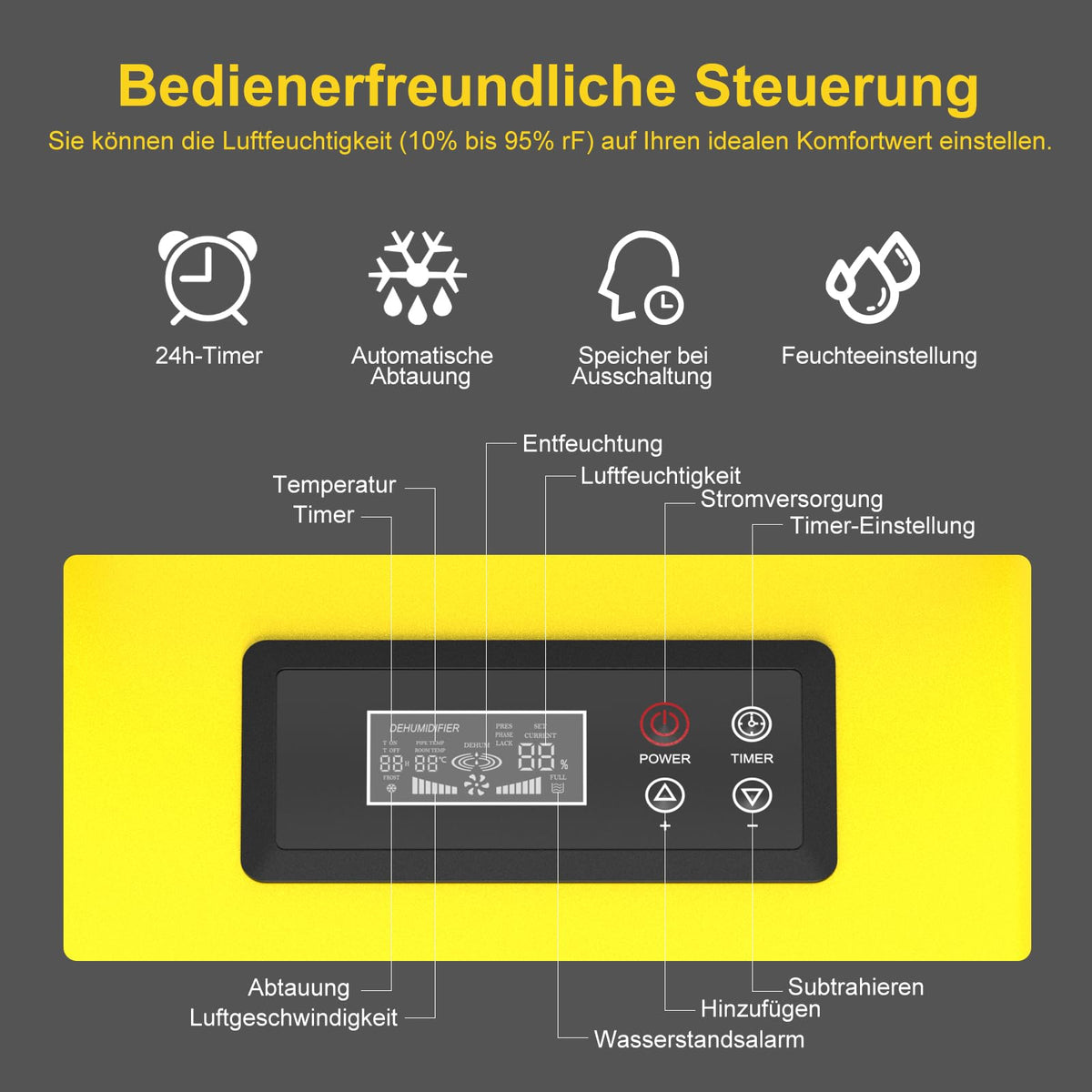 Bautrockner Luftentfeuchter 30 L pro Tag 7 L Wassertank Keller Baustelle bis 90 m² LED-Display Timer Abtauautomatik