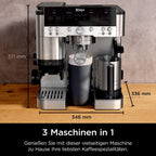 3-in-1-Kaffeemaschine mit Mahlwerk und Milchaufschäumer, Espresso-, Cold-Brew- und Filterkaffee, 1,5 L, Silber