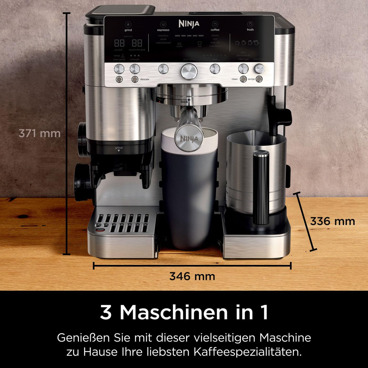 3-in-1-Kaffeemaschine mit Mahlwerk und Milchaufschäumer, Espresso-, Cold-Brew- und Filterkaffee, 1,5 L, Silber