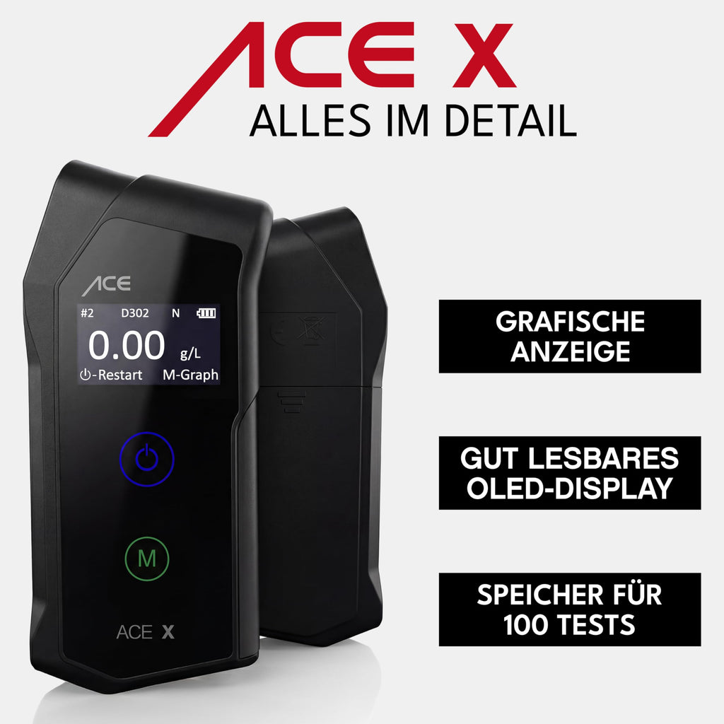 Alkoholtester X mit elektrochemischem Sensor 2 AAA-Batterien Transporttasche und 6 Mundstücken