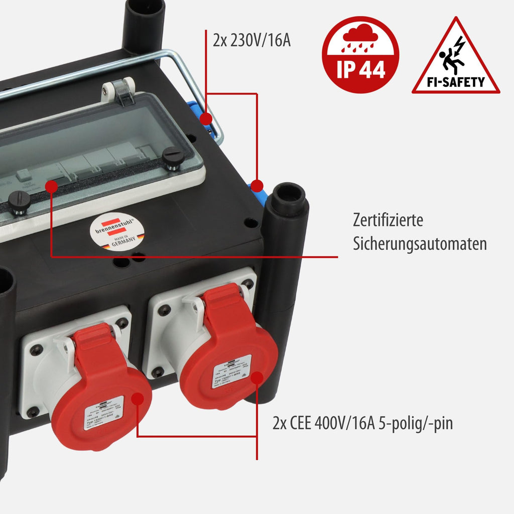 Gummi-Stromverteiler mit FI-Schalter und Sicherungsautomaten, 2x CEE 400V/16A und 5x 230V/16A, 2m Kabel
