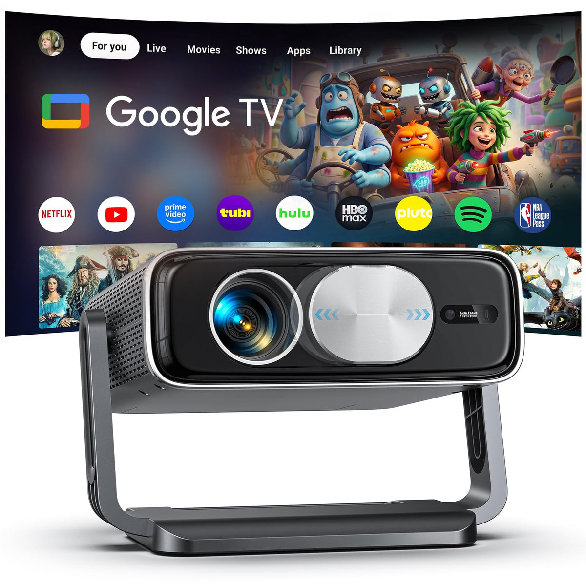 Projektor 4K Heimkino mit Google TV Stick, 3000 ANSI Lumen, Autofokus und 6D Trapezkorrektur, Full HD 1080P, WiFi 6, Bluetooth 5.2