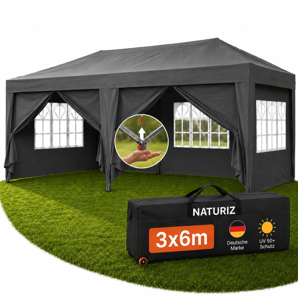 Faltpavillon 3x6 m wasserdicht mit Seitenwänden, OneTouch Aufbau, UV 50+ Schutz, Stahlgestell, Rolltasche, Spannseile und Erdanker, grau