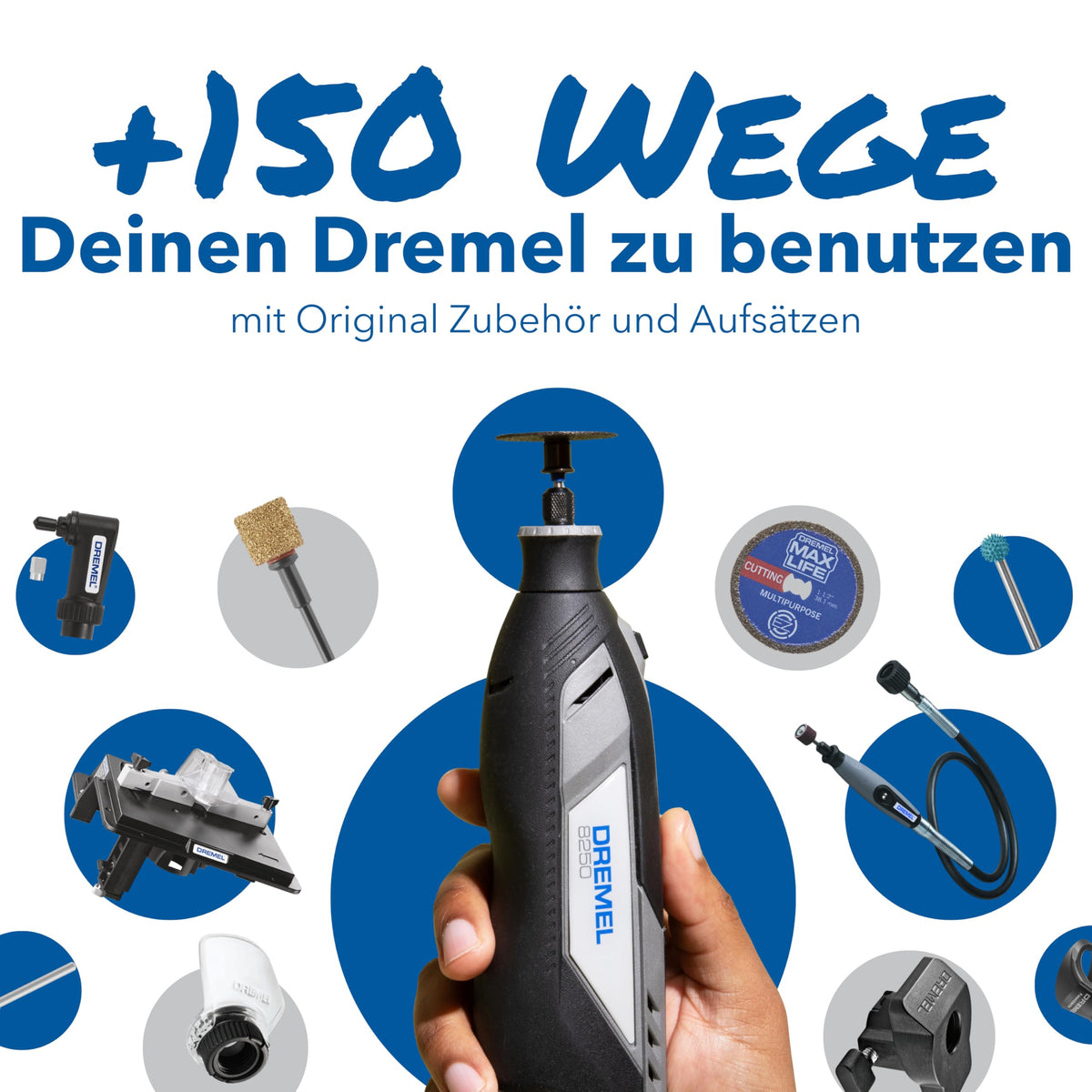 Akku-Rotationswerkzeug 8250 mit bürstenlosem Motor, 5.000-30.000 U/min, 2x 12V 2,0Ah Akku, Ladegerät, 65 Zubehör und Box
