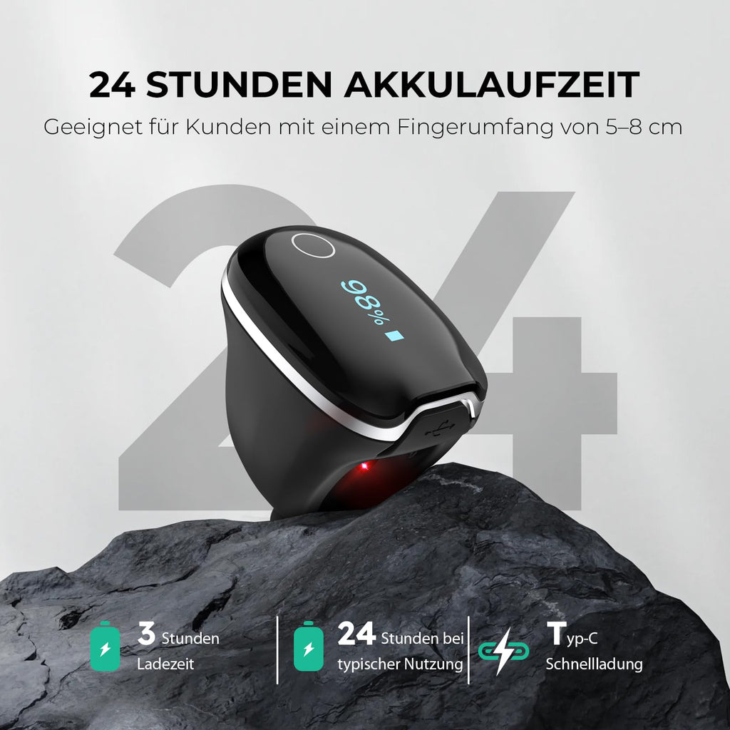 Finger Pulsoximeter O2Ring-S für die Schlafüberwachung mit Vibrationsalarm, 24 Std Akkulaufzeit, Bluetooth und 4 x 10 Std Speicher