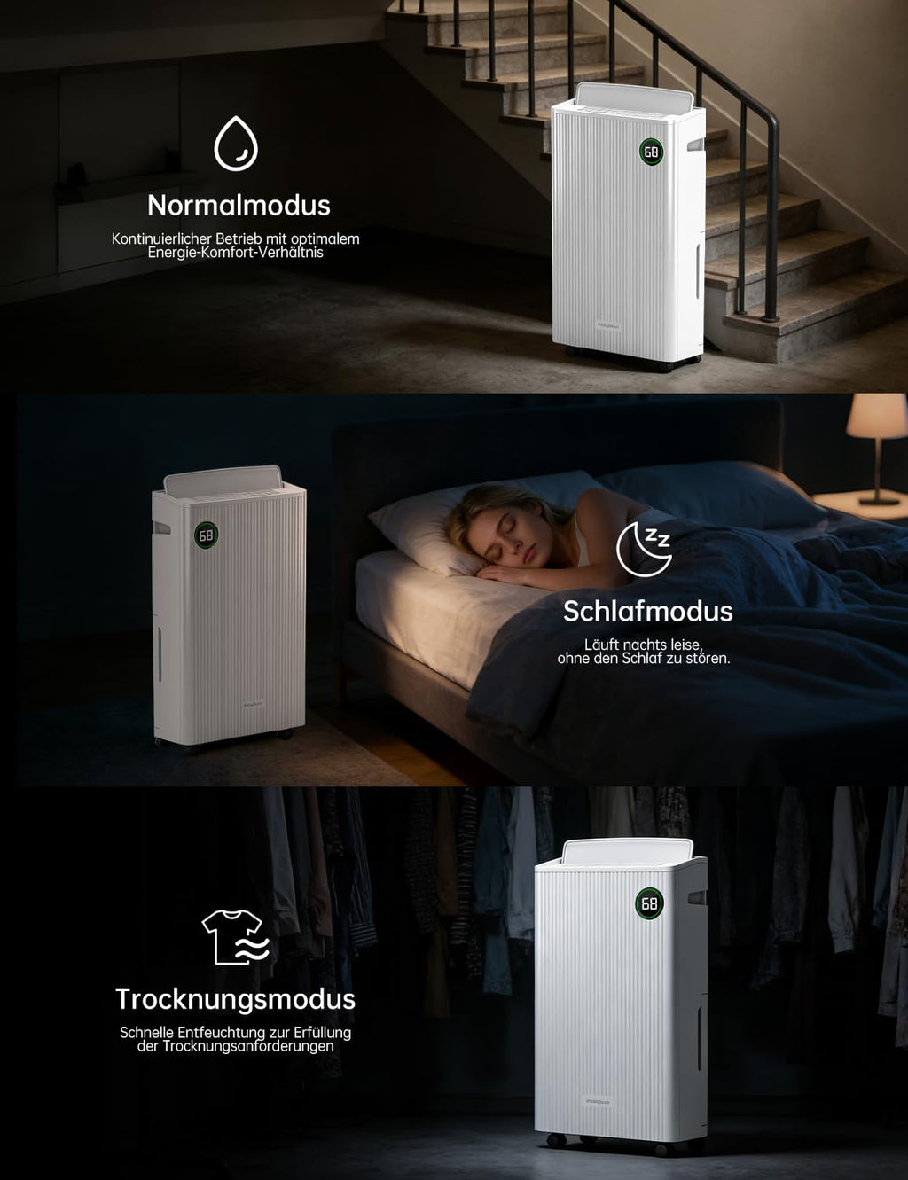 Luftentfeuchter elektrisch 20L für Räume bis 50m², Raumentfeuchter mit 5,5L Tank, Timer und Ablaufschlauch