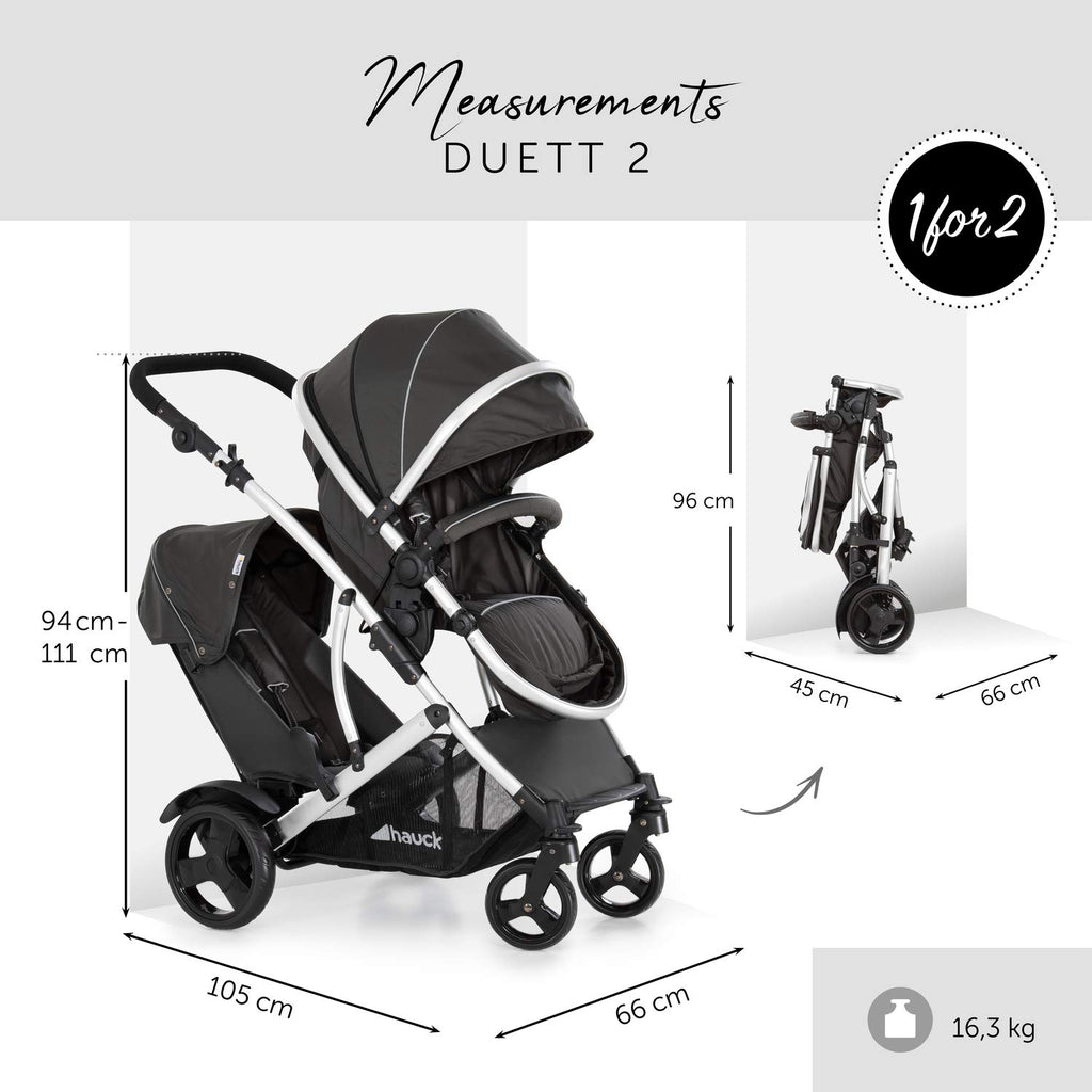 Geschwisterwagen Duett 2 für Kinder bis je 15 kg, umbaubarer Hauptsitz mit Liegeposition und abnehmbarem Zweitsitz, inkl. Regenschutz