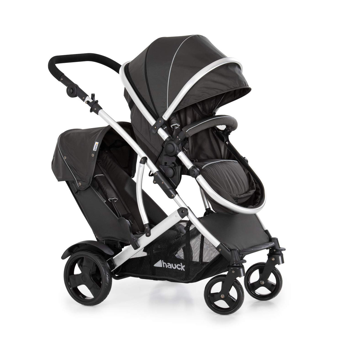 Geschwisterwagen Duett 2 für Kinder bis je 15 kg, umbaubarer Hauptsitz mit Liegeposition und abnehmbarem Zweitsitz, inkl. Regenschutz