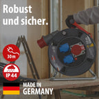 CEE-Kabeltrommel 30m H07RN-F 5G1,5 IP44 mit CEE-Stecker 400V/16A, 2 Schutzkontakt-Steckdosen 230V und Überhitzungsschutz