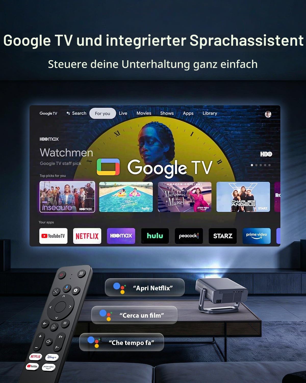 Projektor 4K Heimkino mit Google TV Stick, 3000 ANSI Lumen, Autofokus und 6D Trapezkorrektur, Full HD 1080P, WiFi 6, Bluetooth 5.2