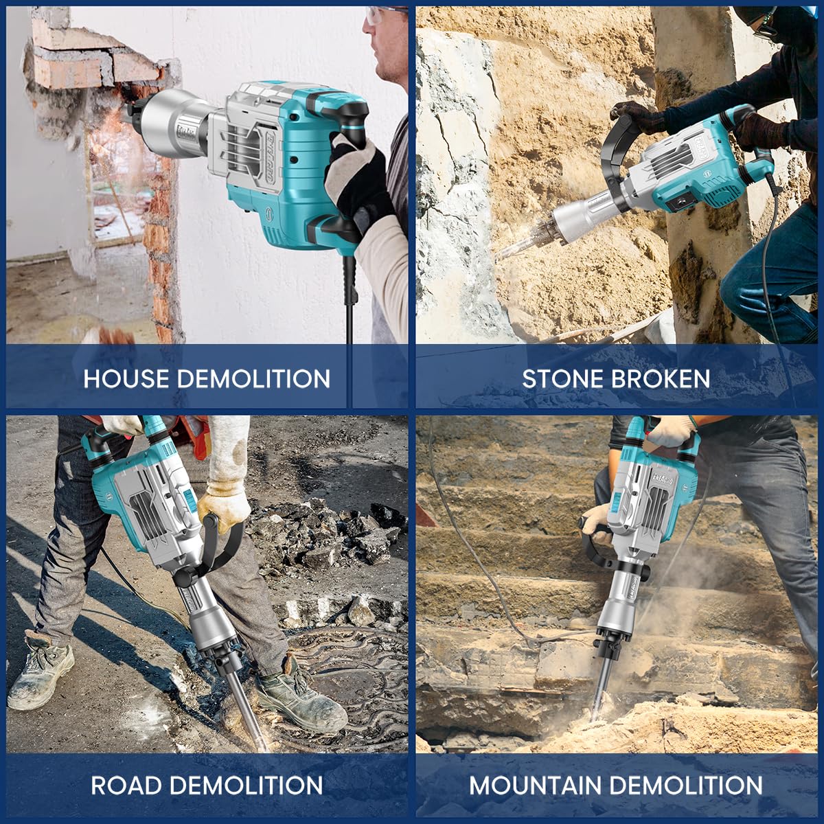 Abbruchhammer 1700 W SDS-Hex Stemmhammer mit 65 Joule, Anti-Vibrationshandgriff sowie 2 Meißeln und Transportbox mit Rollen