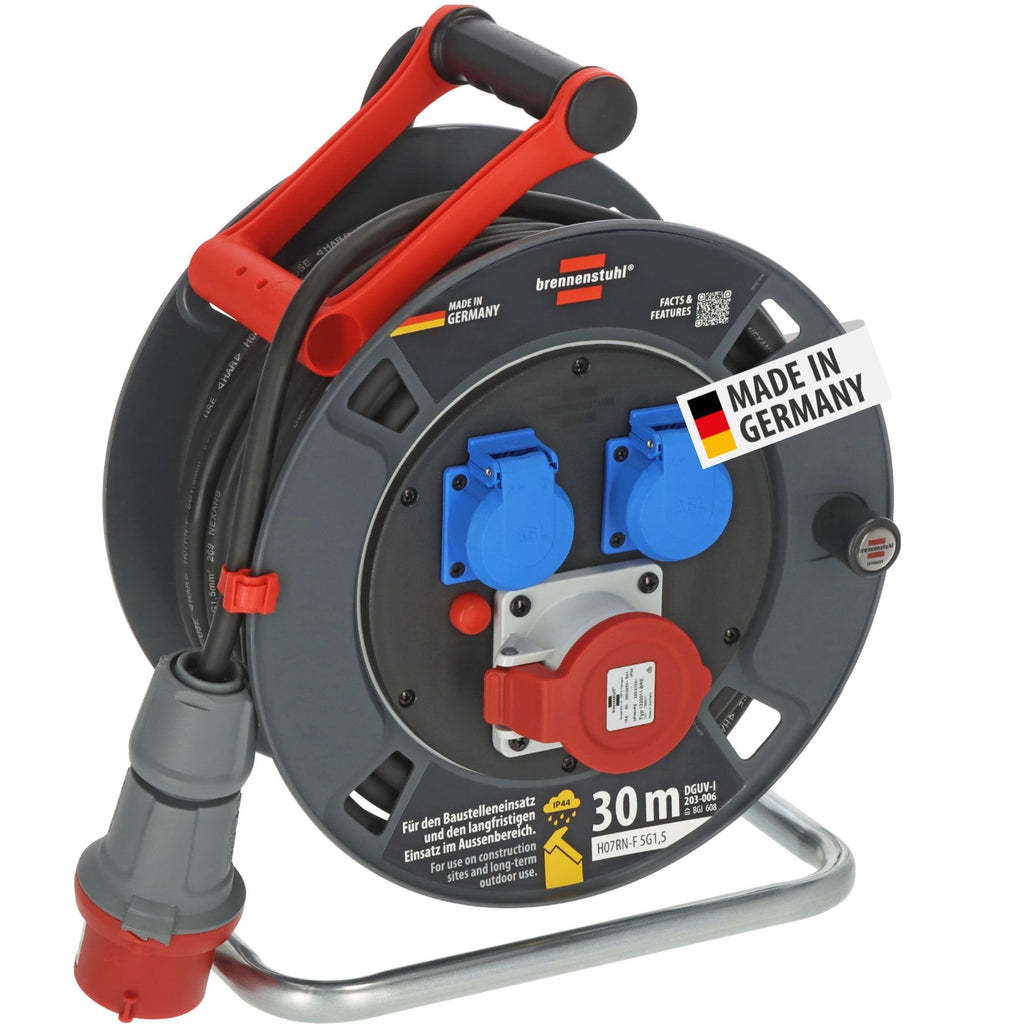 CEE-Kabeltrommel 30m H07RN-F 5G1,5 IP44 mit CEE-Stecker 400V/16A, 2 Schutzkontakt-Steckdosen 230V und Überhitzungsschutz