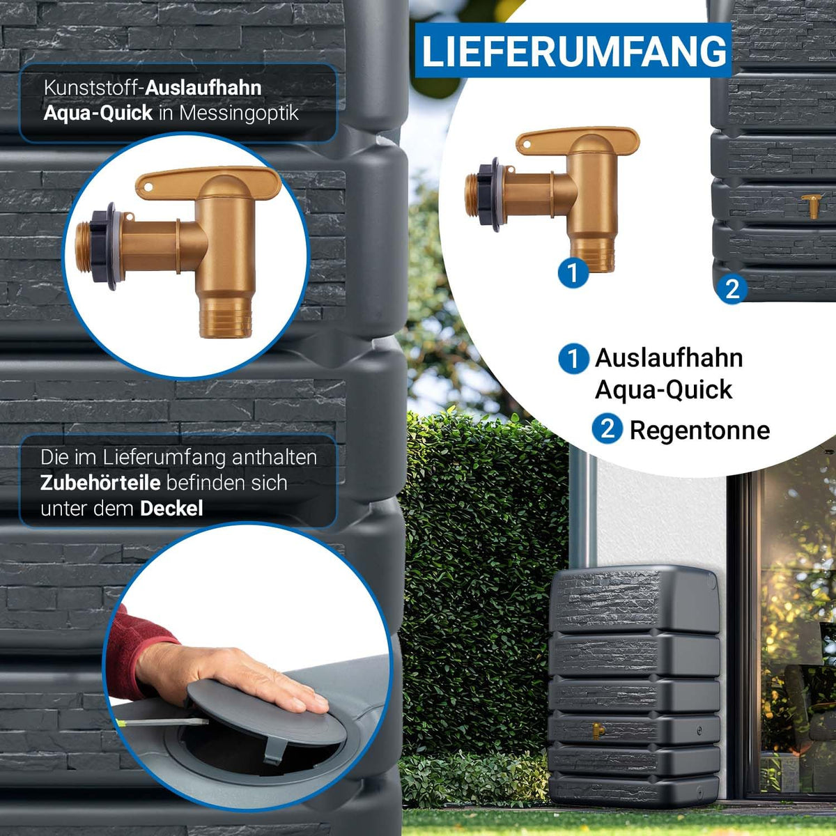 Regentonne Wandtank 510 Liter in Anthrazit mit Steindekor-Front, 80 x 60 x 123 cm, inkl. Auslaufhahn