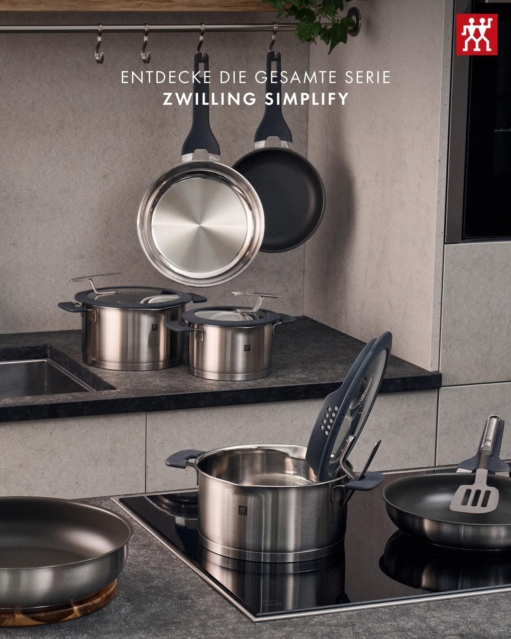 Kochtopf-Set Simplify 5-teilig mit integriertem Sieb Induktion Edelstahl Grau 16 bis 24 cm 1,5 bis 6 L