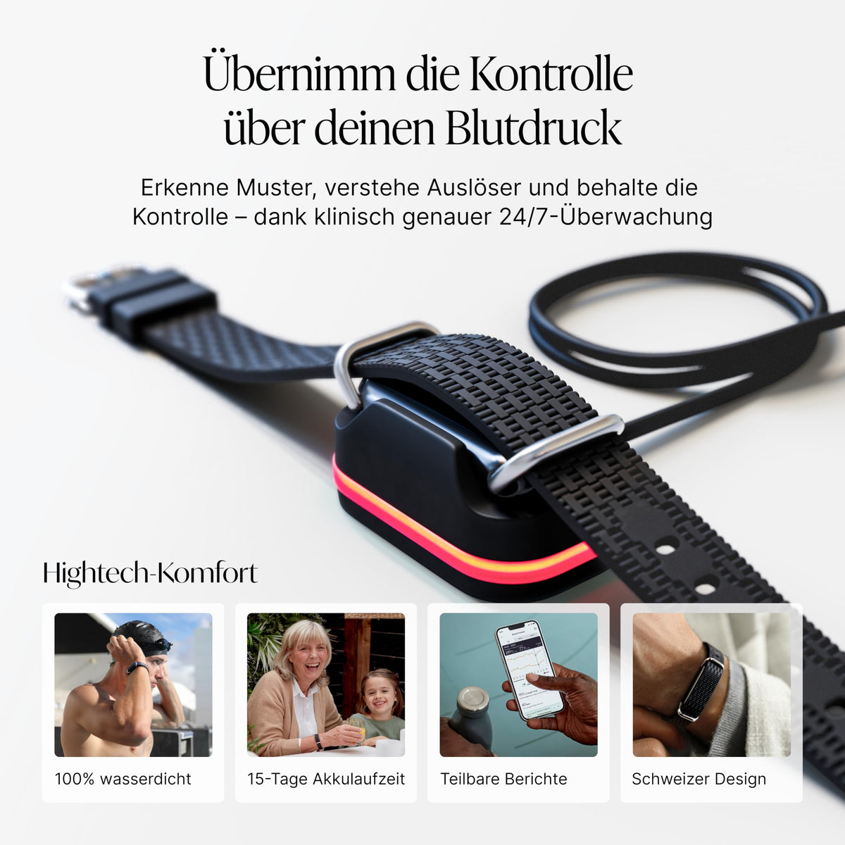Blutdruckmessarmband mit Photosensor 24/7 Blutdrucküberwachung App-Analyse IP68 15 Tage Akkulaufzeit inklusive 12 Monate Abo