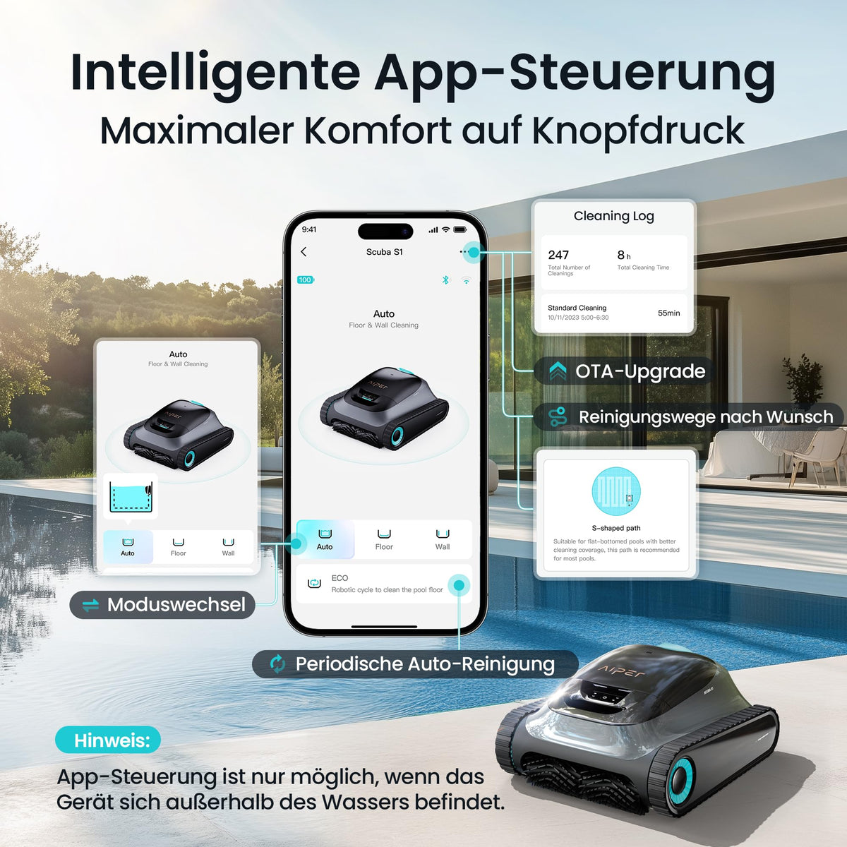 Poolroboter Scuba S1 für Boden, Wand und Wasserlinie mit Doppelfiltration, 270 Min Laufzeit und App-Steuerung