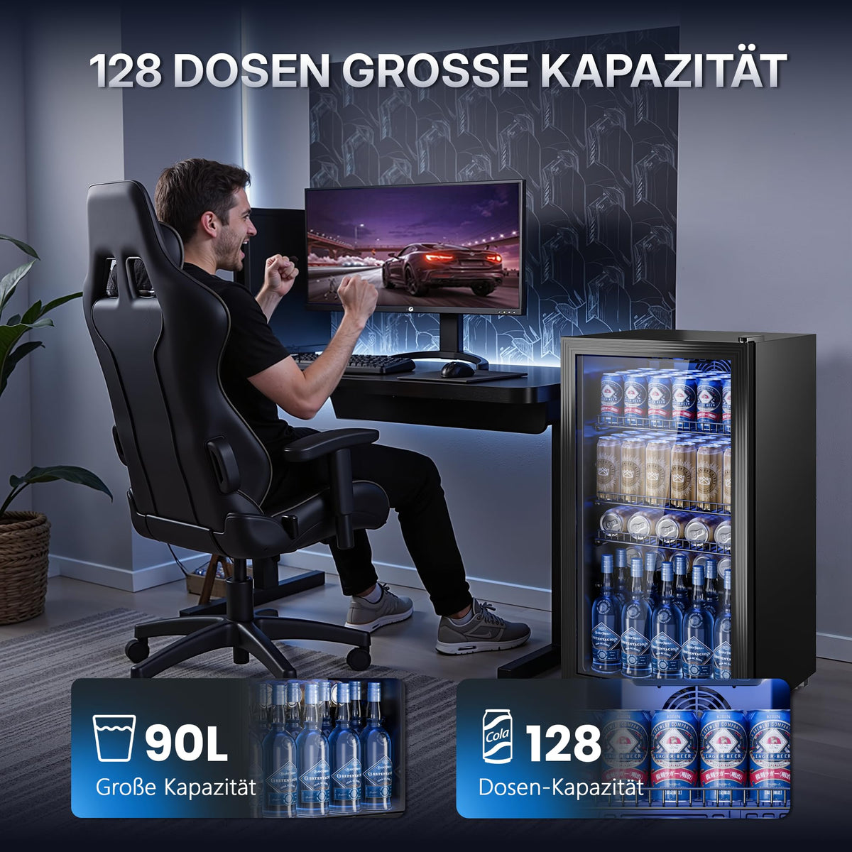 90L Getränkekühlschrank mit Glasfront und digitaler Temperaturregelung, für bis zu 128 Dosen, schwarz