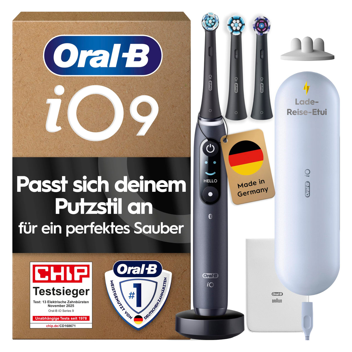 Elektrische Zahnbürste iO Series 9 mit 3 Aufsteckbürsten, 7 Putzmodi, magnetischer Schnellladestation und Reise-Etui, Black Onyx
