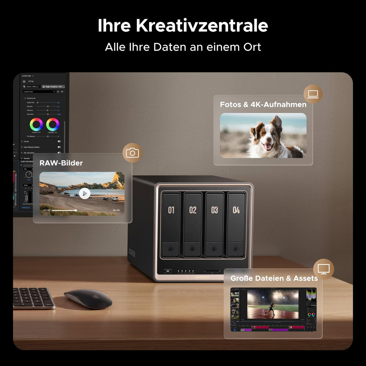 4-Bay NAS ohne HDD mit AMD Ryzen Embedded R2514, Dual 10GbE und U.2- sowie M.2-NVMe-Erweiterung für Creator und Büroteams