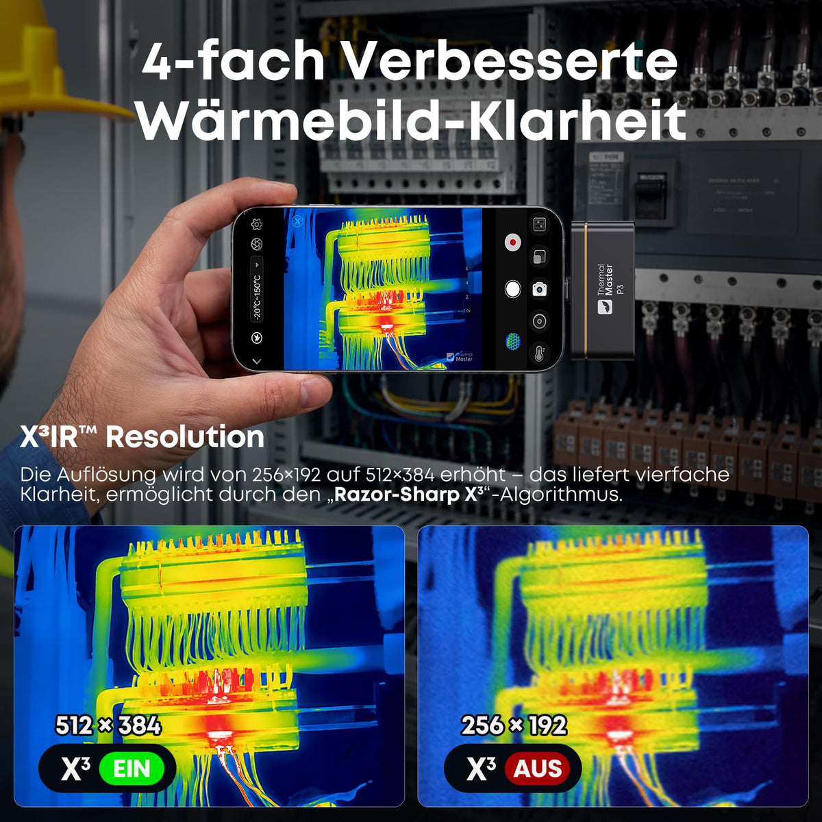 Wärmebildkamera P3 für iPhone und Android mit einstellbarem Objektiv 512 × 384 Superauflösung