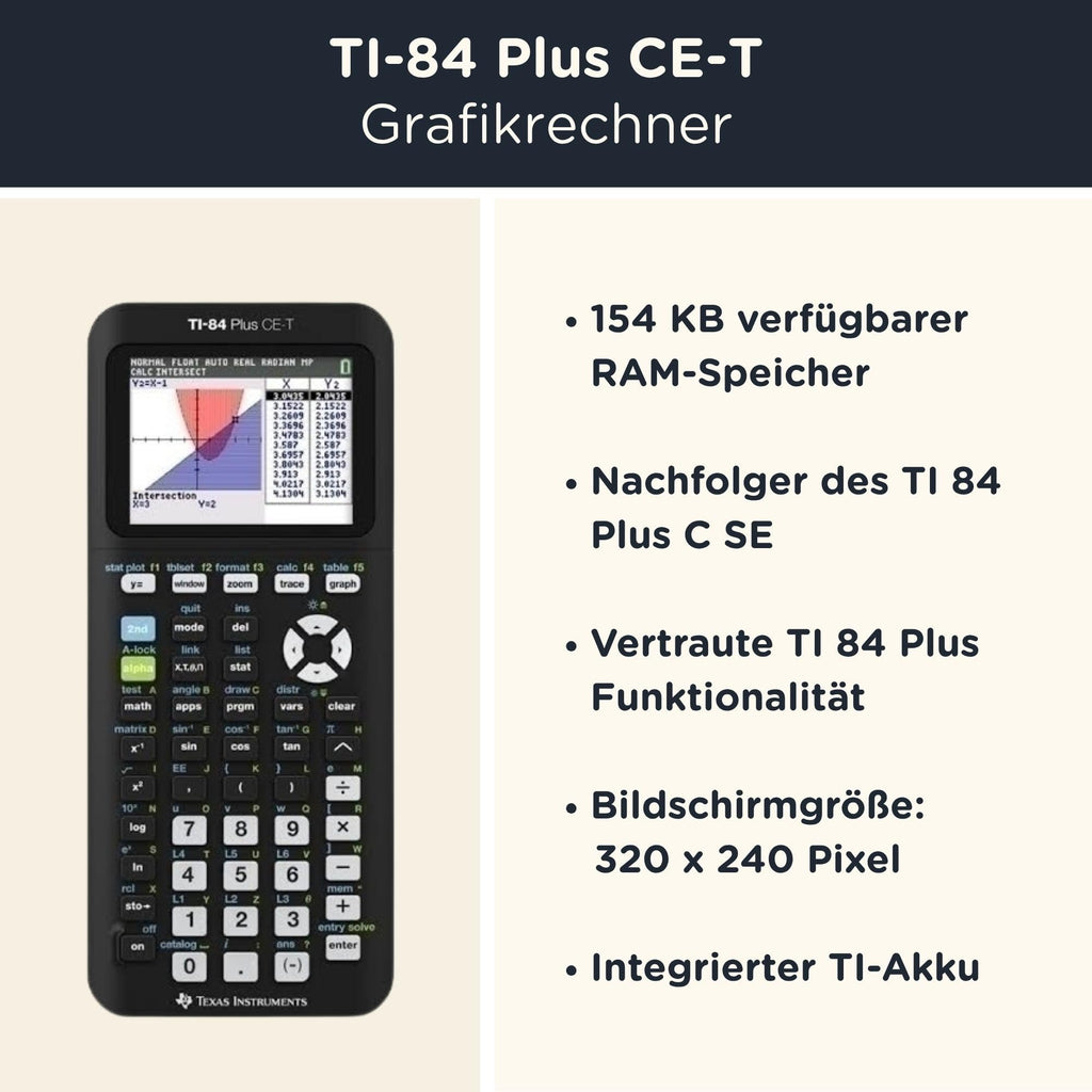 Grafikrechner TI-84 Plus CE-T Python Edition hochauflösendes Farbdisplay 3 MB ROM 154 KB RAM integrierter Akku mit Schutzhülle