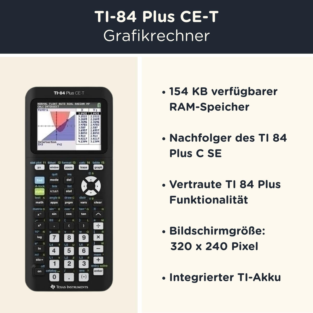 Grafikrechner TI-84 Plus CE-T Python Edition hochauflösendes Farbdisplay 3 MB ROM 154 KB RAM integrierter Akku mit Schutzhülle