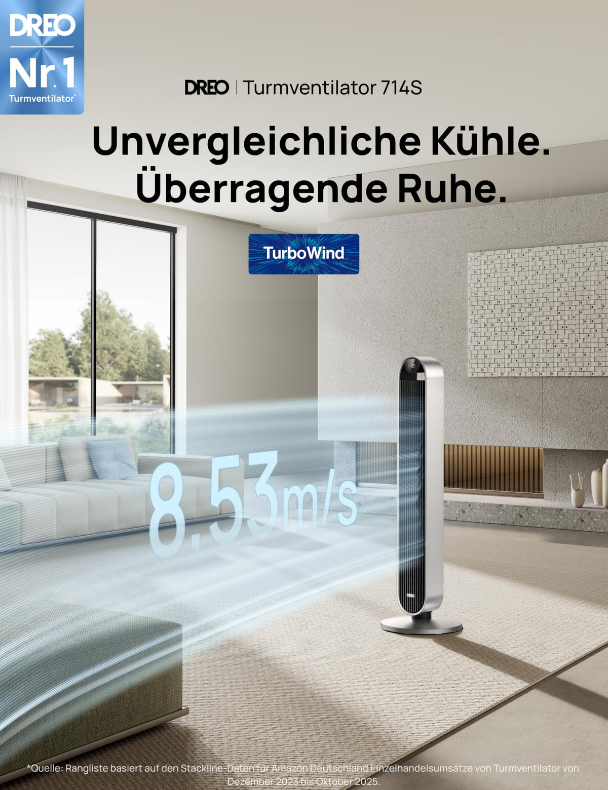 Turmventilator Pilot Max S, 120° oszillierend, 25 dB leise, 12 Geschwindigkeiten und 4 Modi, mit Fernbedienung und App-Steuerung
