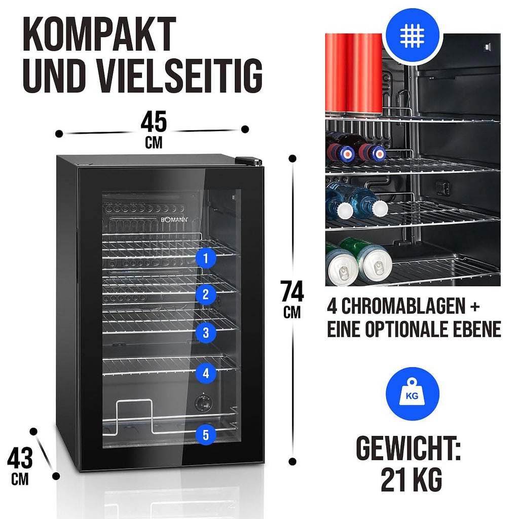 Flaschenkühlschrank 63 L mit Glastür, bis zu 89 Dosen, 4 Ablagen, LED-Beleuchtung, KSG 7287