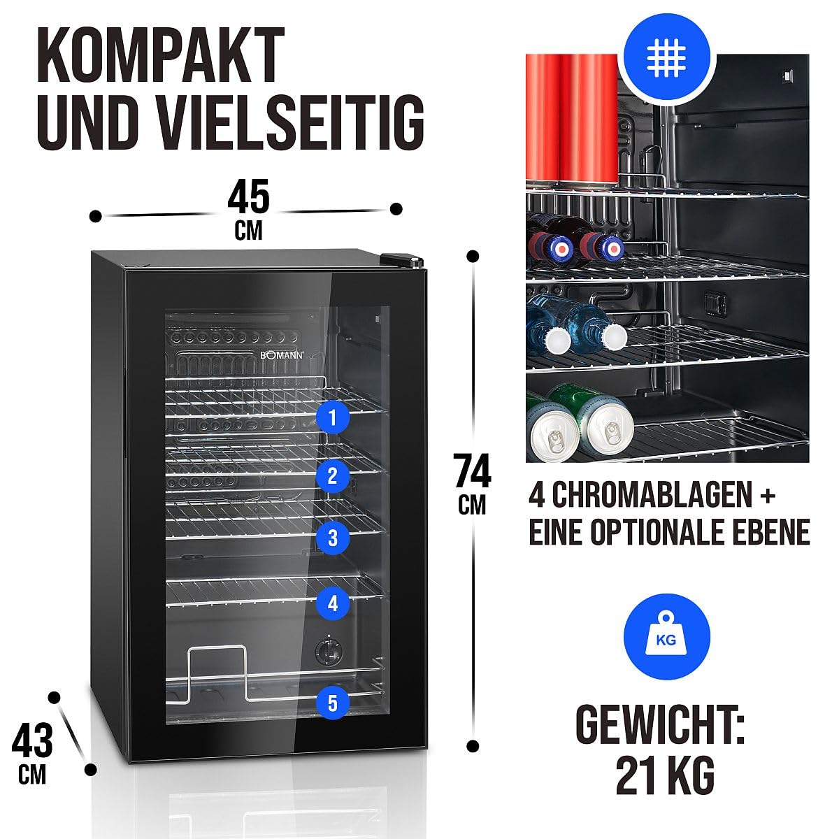 Flaschenkühlschrank 63 L mit Glastür, bis zu 89 Dosen, 4 Ablagen, LED-Beleuchtung, KSG 7287
