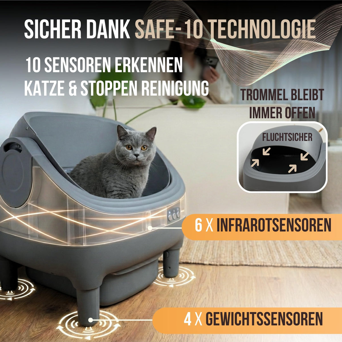 Selbstreinigendes Katzenklo XXL mit 15-Liter-Behälter und App-Steuerung, offenes elektrisches Katzenklo für Mehrkatzen-Haushalte