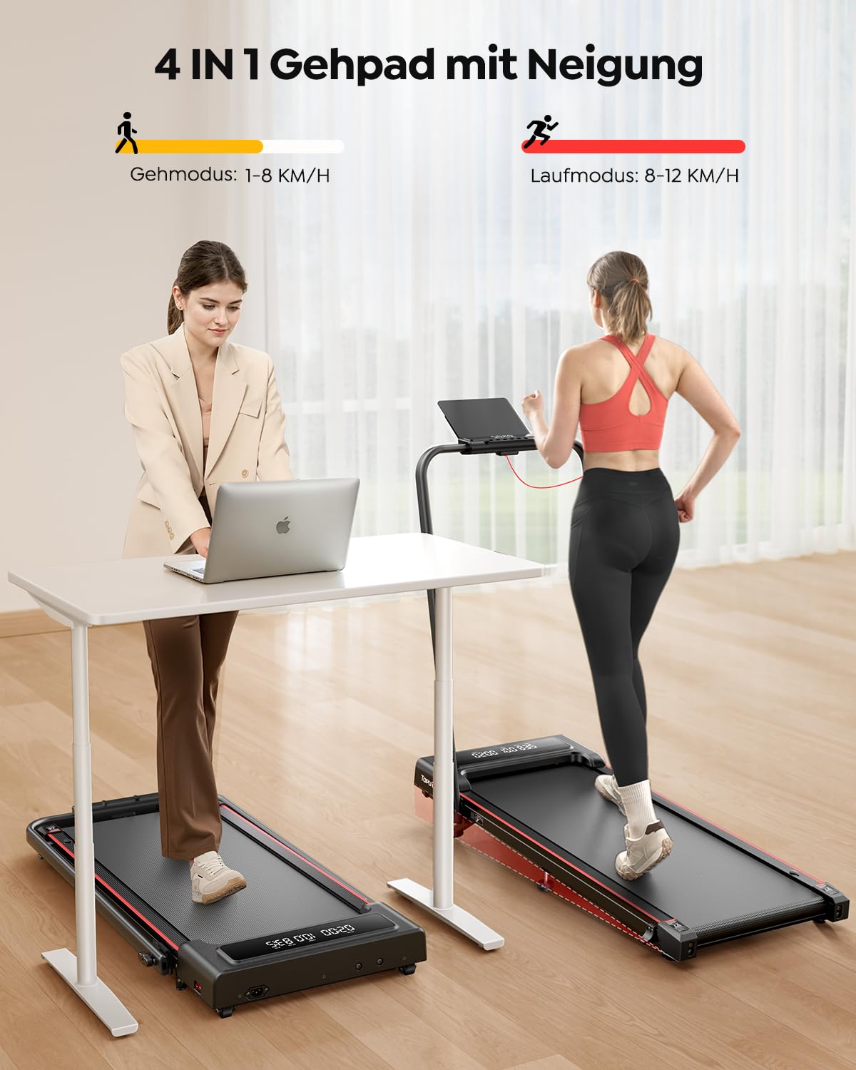 Klappbares Laufband 4-in-1 mit 9 % Neigung 12 km/h und 2,5 PS leisem Motor für Zuhause und Büro