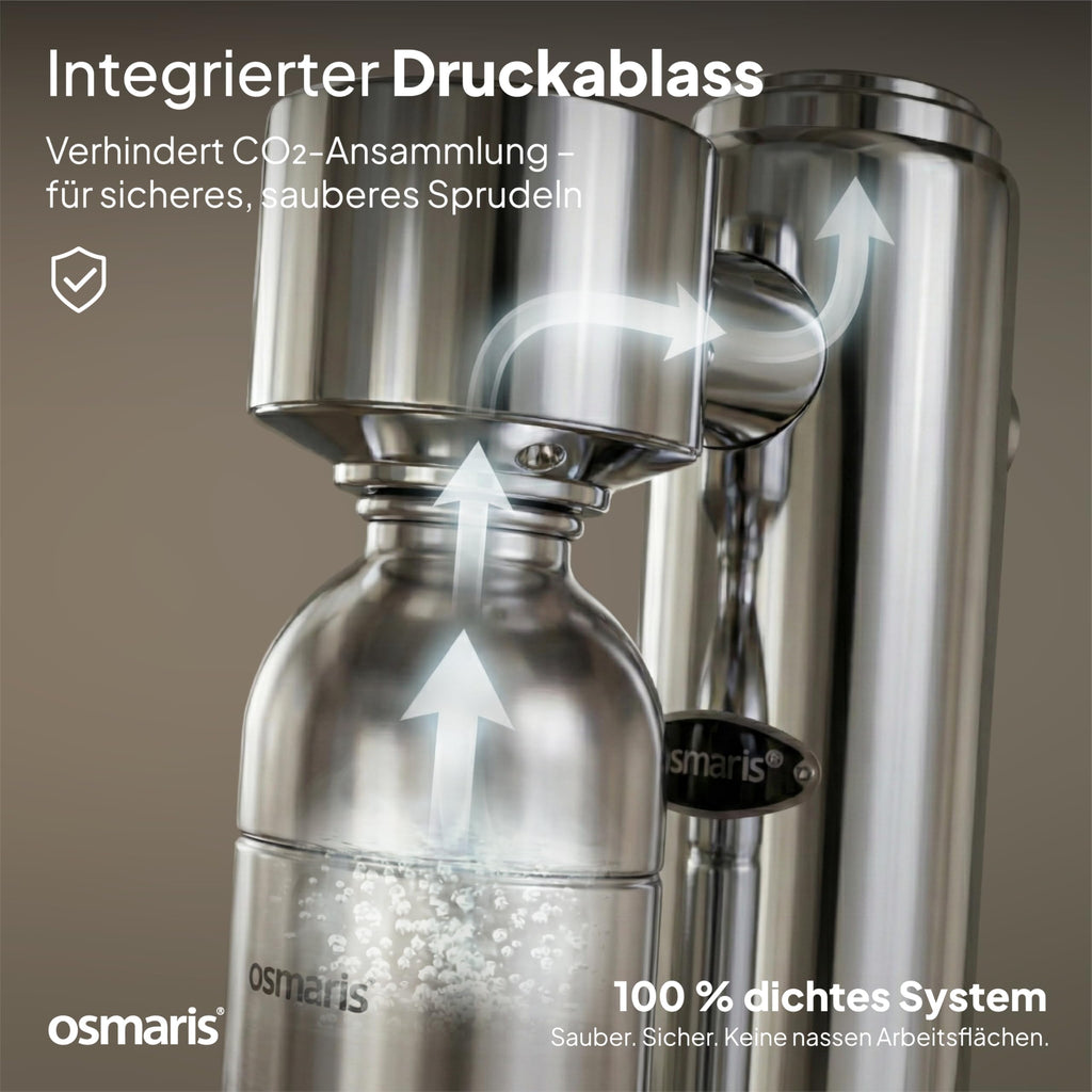 Wassersprudler aus Edelstahl mit 2x 1,1 L Edelstahlflaschen und Druckablassventil für geschmacksneutrales Sprudelwasser