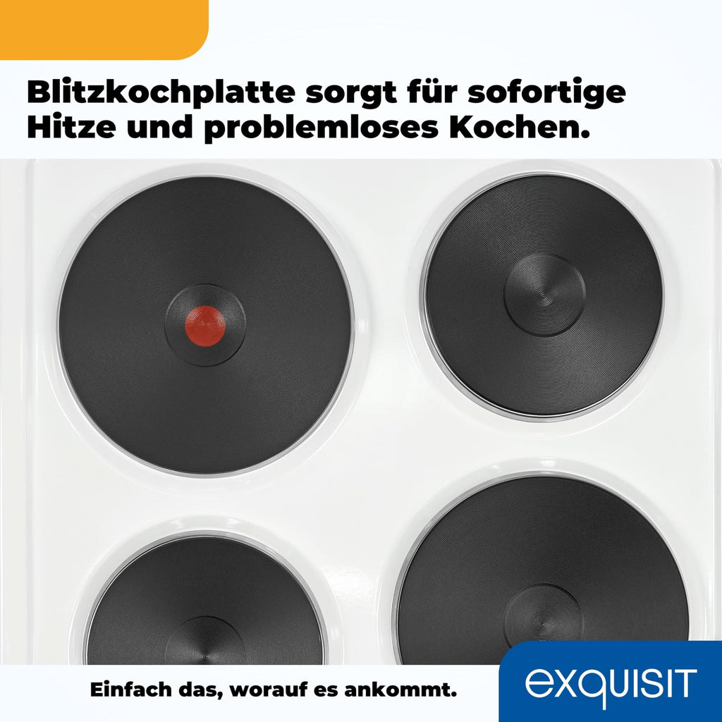 Freistehender Elektroherd EH9-3-090weiss, 50 cm breit, 48 l Backofen mit 4 Kochplatten und Energieklasse A, inkl. Grillrost und Backblech