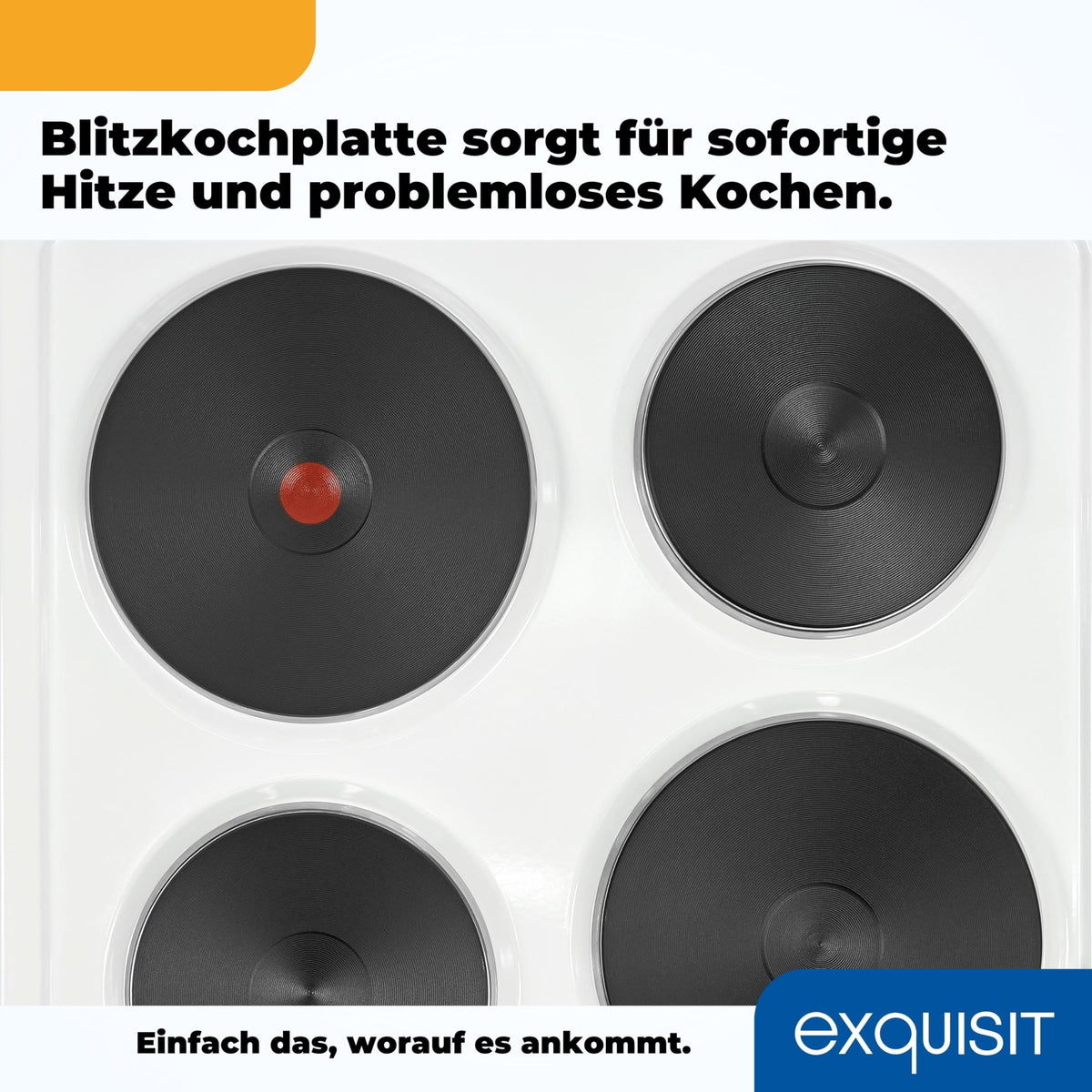 Freistehender Elektroherd EH9-3-090weiss, 50 cm breit, 48 l Backofen mit 4 Kochplatten und Energieklasse A, inkl. Grillrost und Backblech