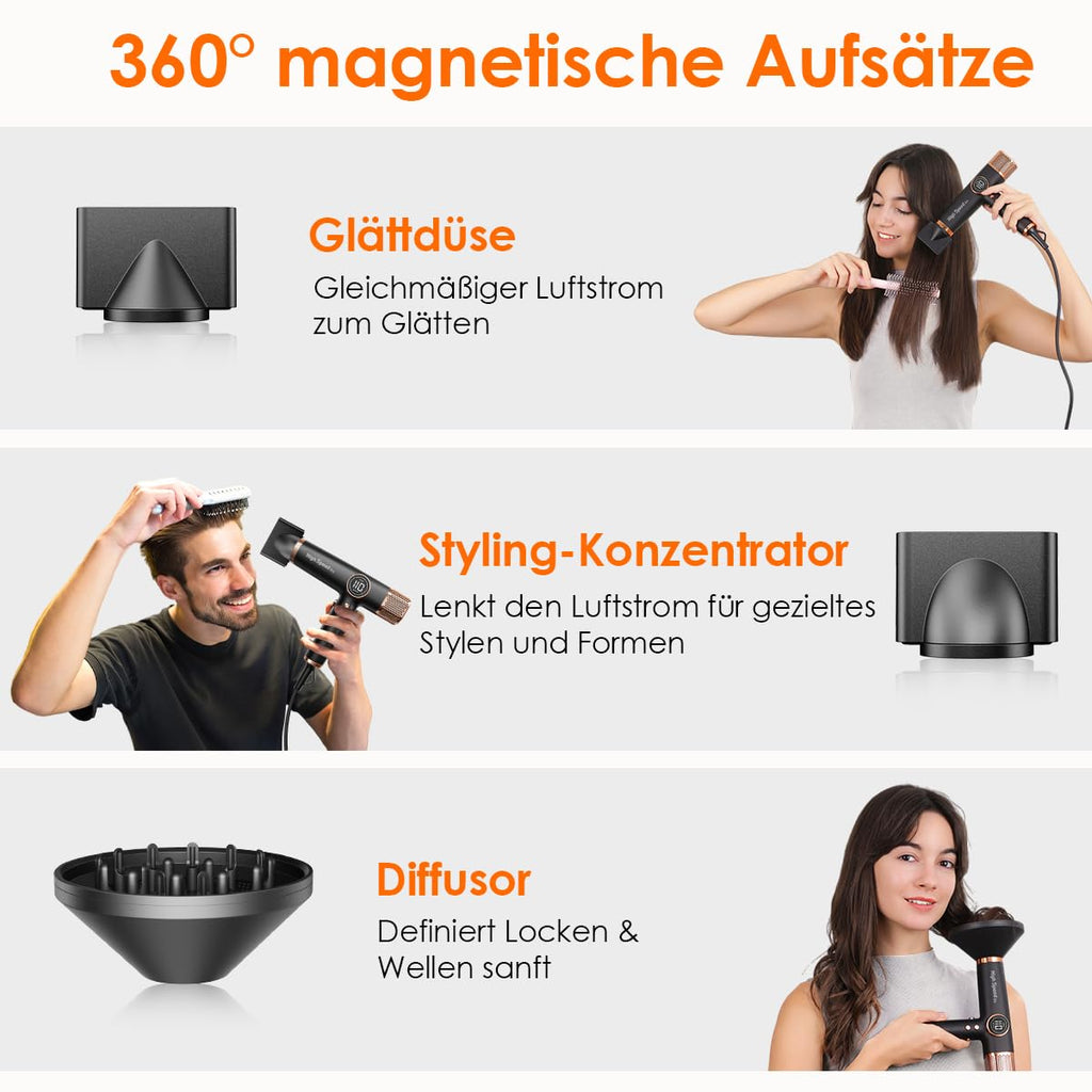 Haartrockner mit bürstenlosem 110.000-RPM-Motor, 1800 W, 330 g, Ionentechnologie, 12 Modi, LED-Display und 3 magnetischen Düsen in Schwarz-Gold