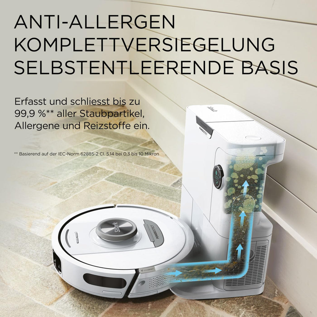 Saugroboter mit selbstentleerender Basis, 3D- und 360°-LiDAR-Navigation, Schmutzerkennung, Weiß