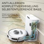 Saugroboter mit selbstentleerender Basis, 3D- und 360°-LiDAR-Navigation, Schmutzerkennung, Weiß