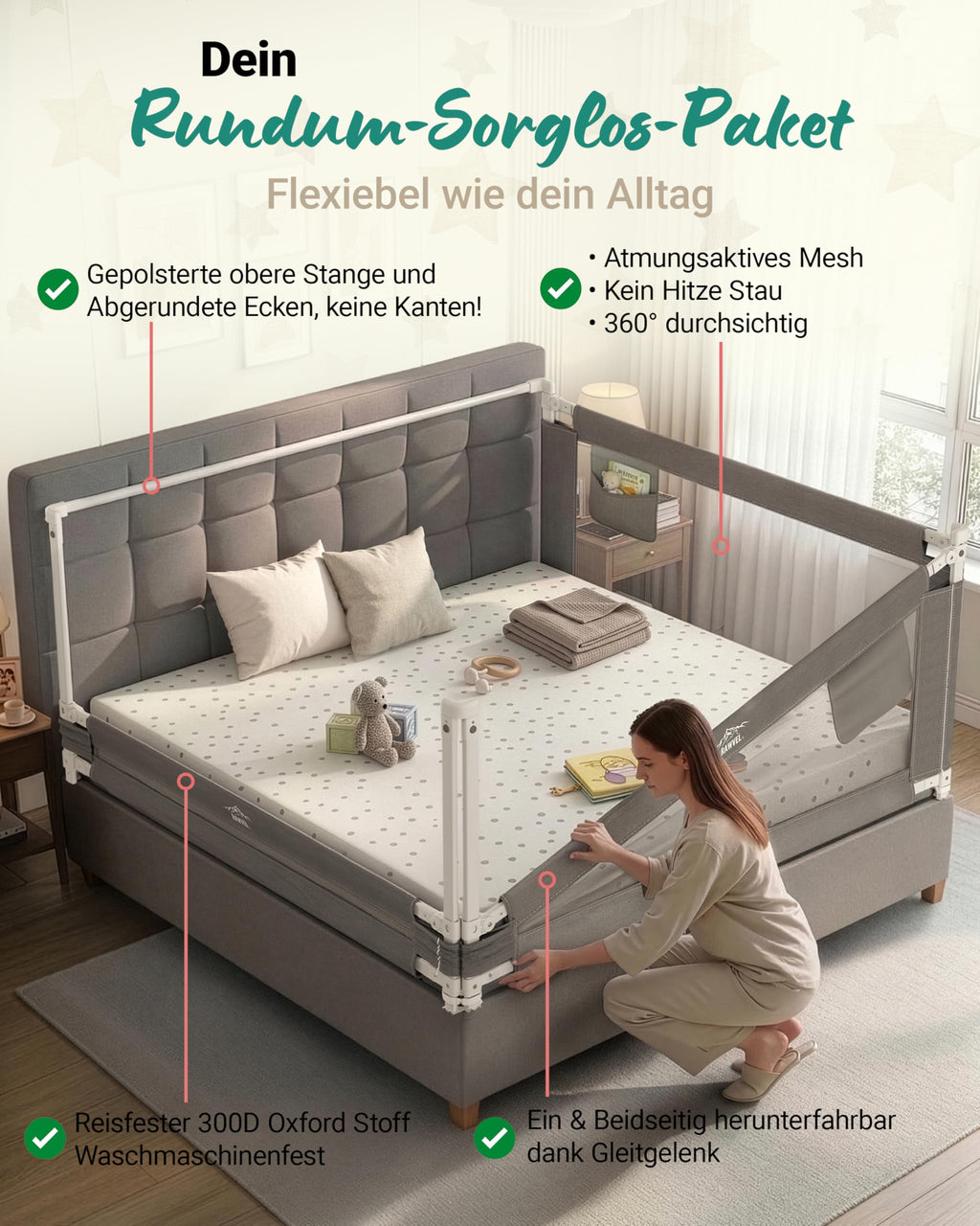 Bettgitter Rausfallschutz für Boxspringbett 180x200 cm, 3-Seiten-Komplettset mit Stange, höhenverstellbar 74-95 cm, grau