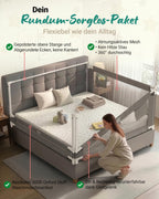Bettgitter Rausfallschutz für Boxspringbett 180x200 cm, 3-Seiten-Komplettset mit Stange, höhenverstellbar 74-95 cm, grau