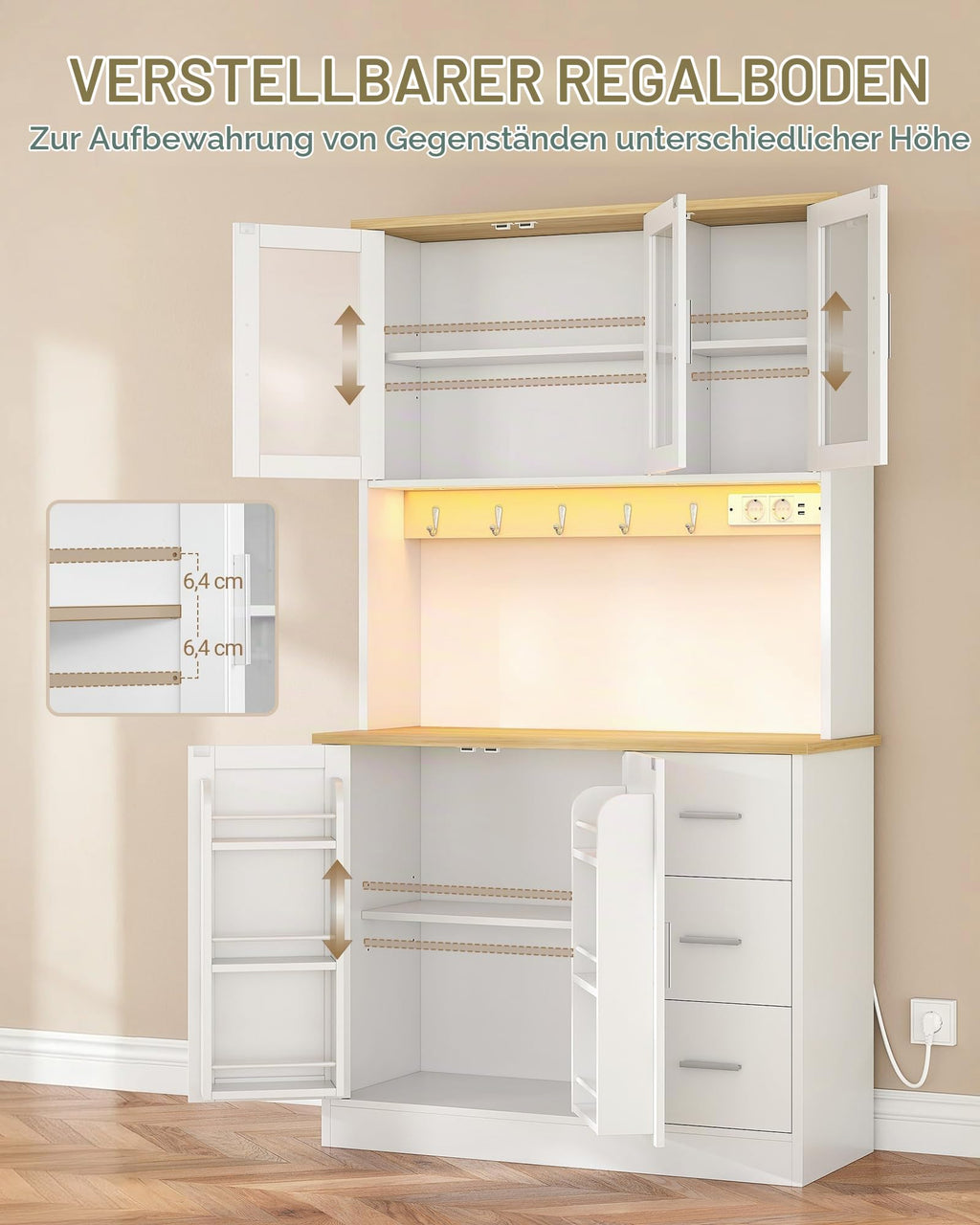 Buffetschrank Küchenschrank mit 3 Glastüren, 3 Schubladen und 6 Ablagen hinter den Türen, 100 cm breit