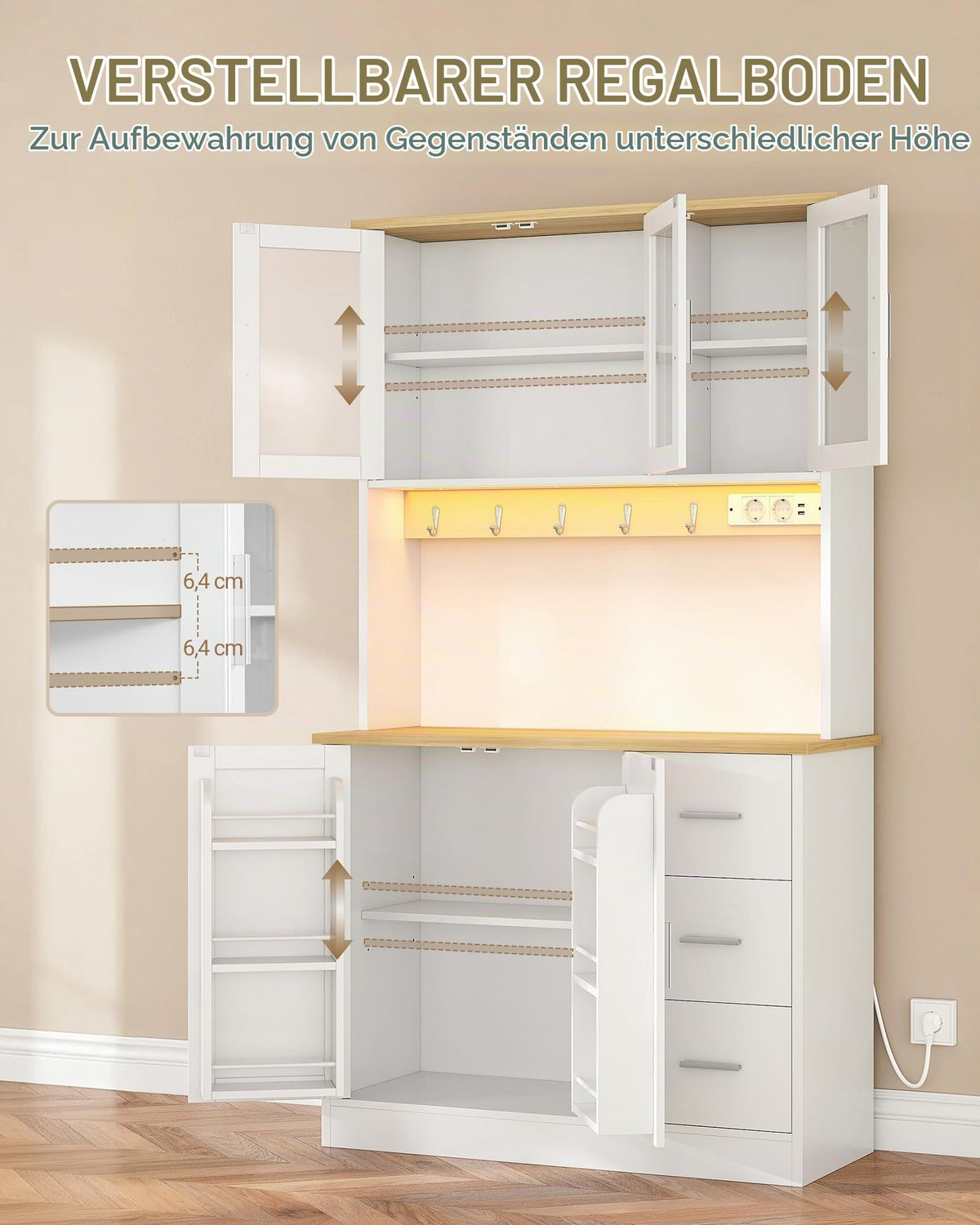 Buffetschrank Küchenschrank mit 3 Glastüren, 3 Schubladen und 6 Ablagen hinter den Türen, 100 cm breit