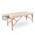 Mobile Massageliege klappbar und höhenverstellbar, extra breit 71 cm, aus Vollholz mit Kopfstütze, Armlehne und Zubehör, Creme