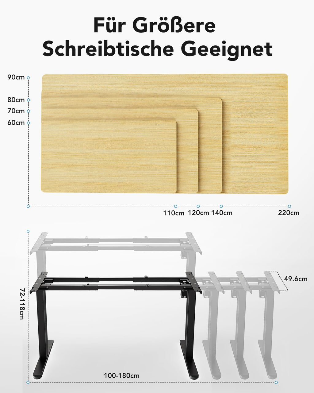 Höhenverstellbares Schreibtischgestell mit bürstenlosem Motor, 72-118 cm, 100 kg Traglast, für Tischplatten 110-220 cm