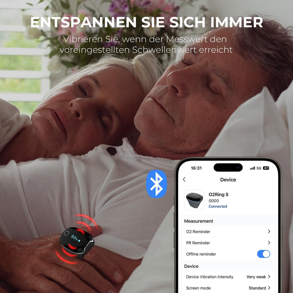 Finger Pulsoximeter O2Ring-S für die Schlafüberwachung mit Vibrationsalarm, 24 Std Akkulaufzeit, Bluetooth und 4 x 10 Std Speicher