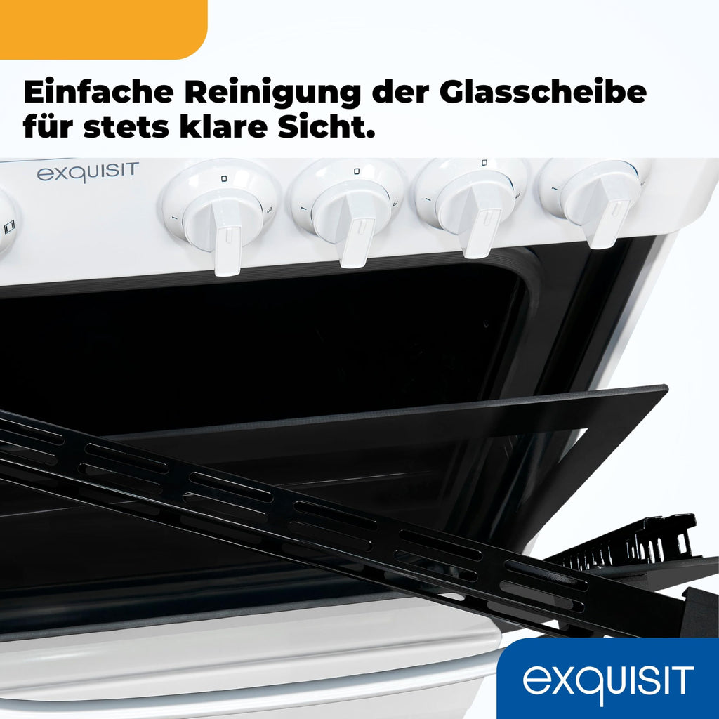 Freistehender Elektroherd EH9-3-090weiss, 50 cm breit, 48 l Backofen mit 4 Kochplatten und Energieklasse A, inkl. Grillrost und Backblech
