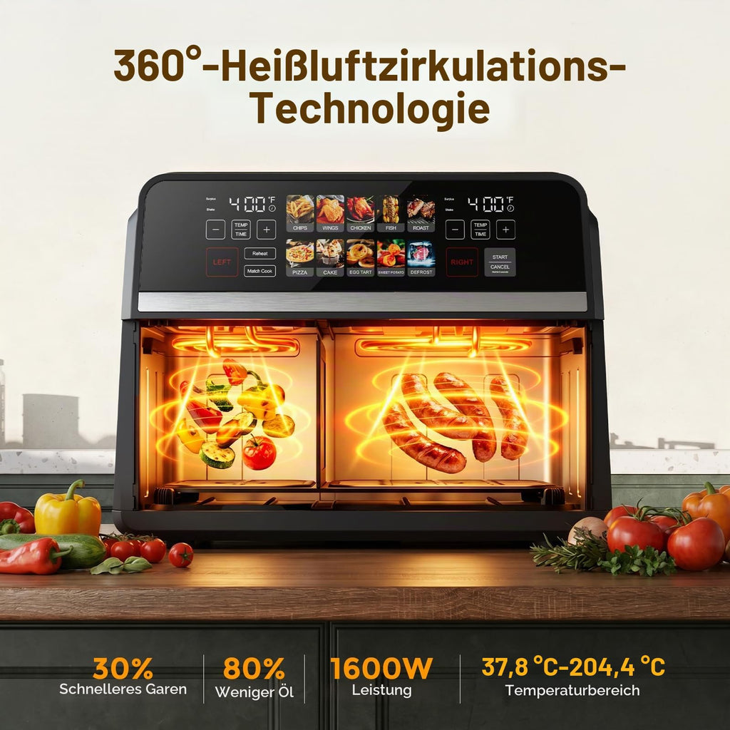 10-in-1 Heißluftfritteuse 10 L mit Dual-Zone, 2500 W, 360° Kochfenster, Farb-Touchscreen, spülmaschinenfeste Teile